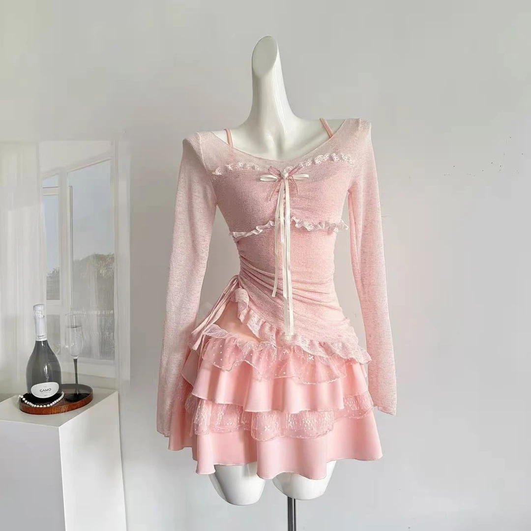 人间水蜜桃甜辣纯欲风蝴蝶结蕾丝拼接吊带连衣裙镂空罩衫气质款