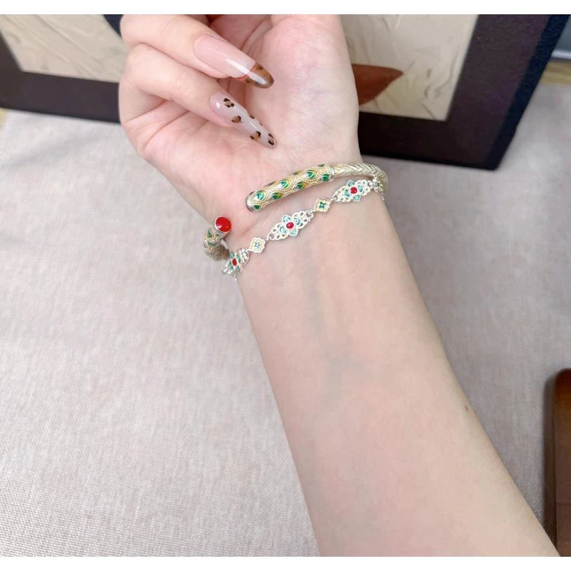 足银手镯 足银999.9孔雀羽毛纯银手镯女珐琅彩描金编织纹银镯子