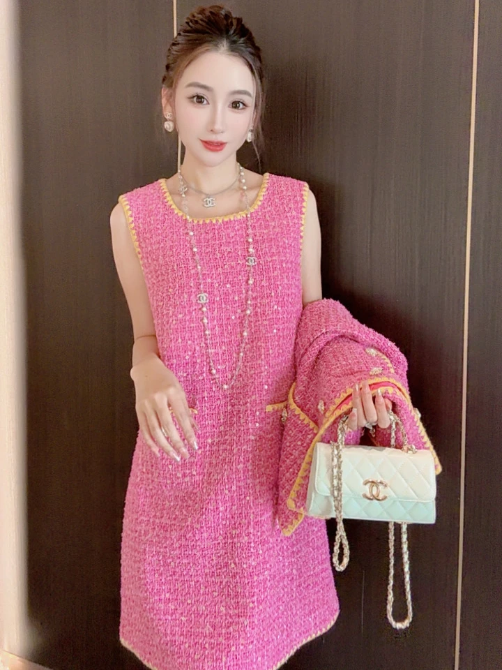 【摇曳生滋】圆领编织小香风时尚无袖连衣裙