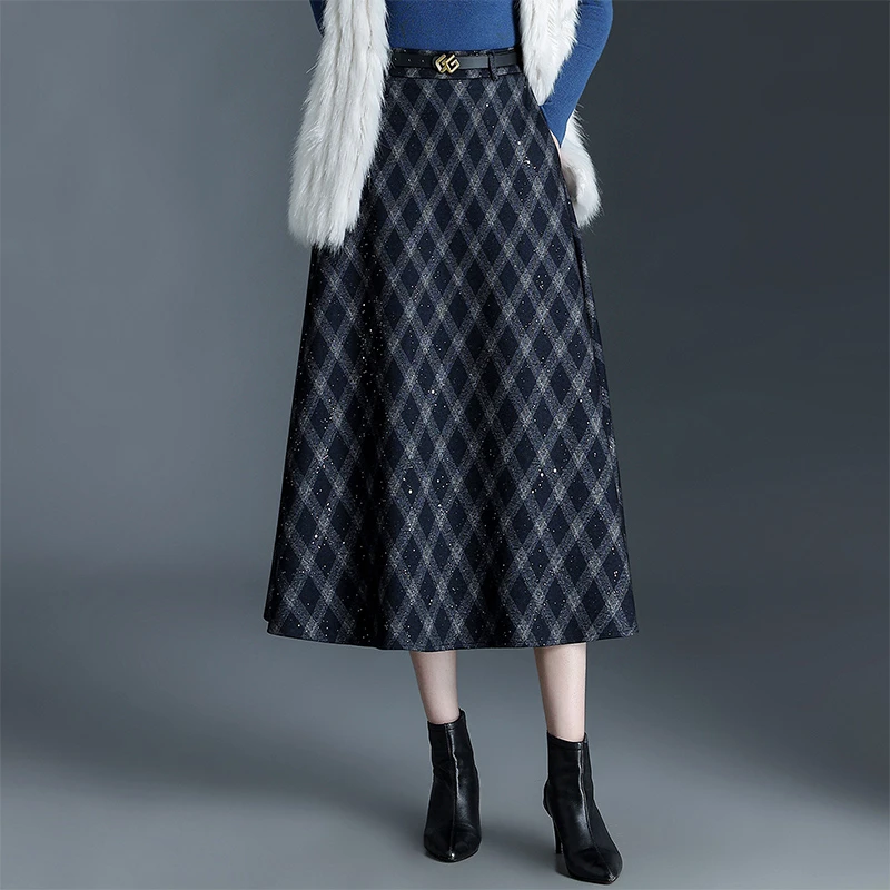 闪粉格子毛呢裙半身裙女秋冬2025新款气质显瘦a字裙中长通勤伞裙
