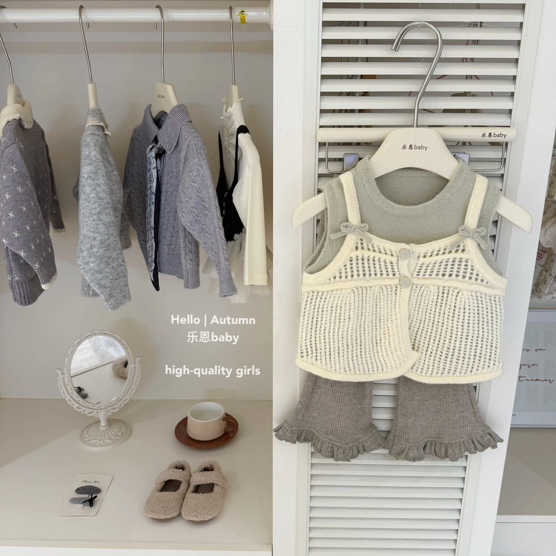 【乐恩童装】原创设计秋冬女童绿色假两件毛衣马甲抹茶绿花边裤套装