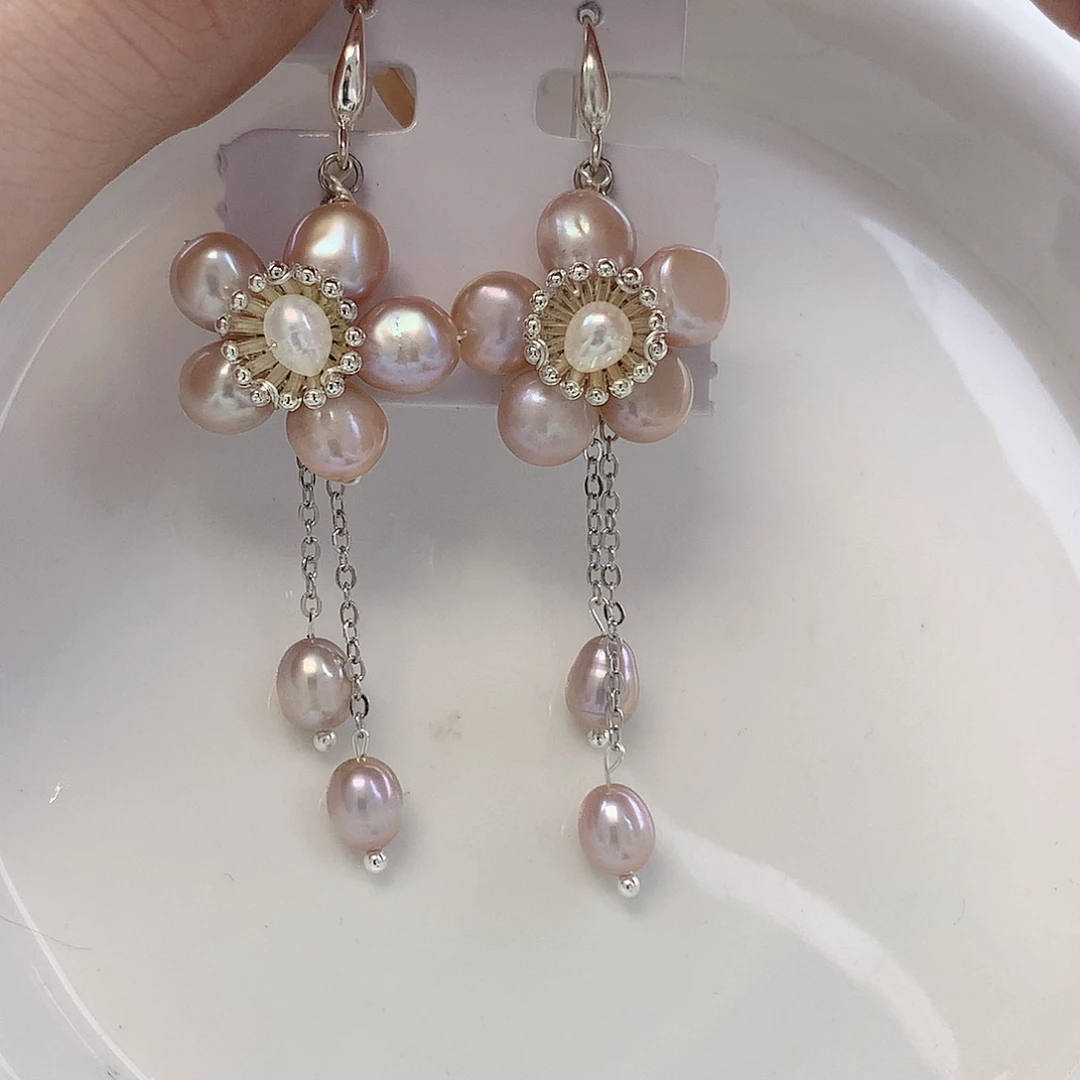 银S925镶嵌耳饰淡水珍珠紫色流苏花耳钩