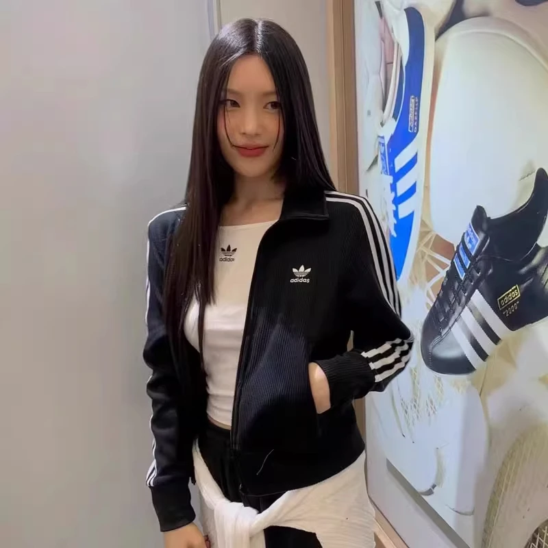 阿迪达斯三叶草少女风夹克女装秋季穿搭复古针织运动外套IY7278