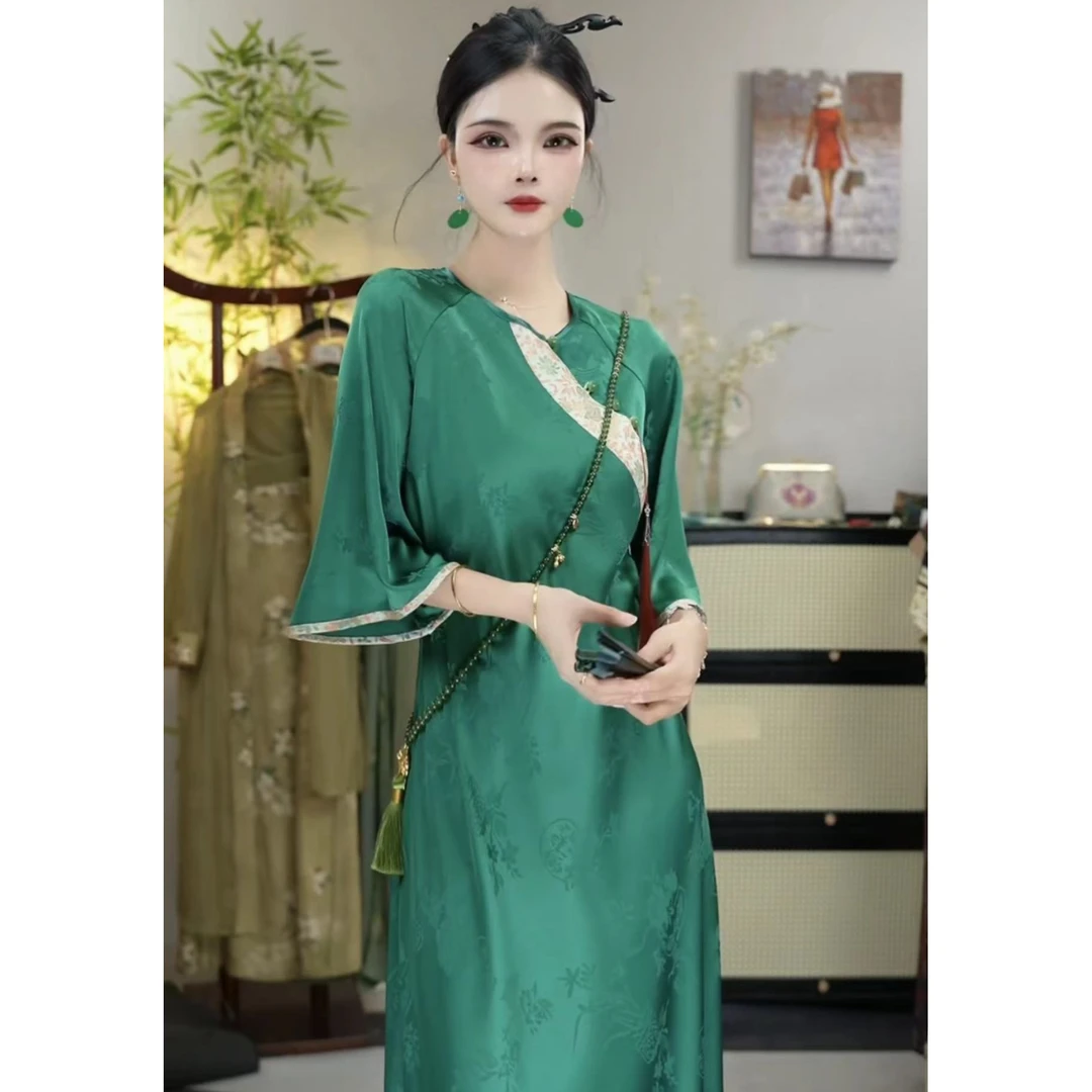 微岚熙2024夏季新款大码显瘦时尚绿色复古中长款裙-M（3798）