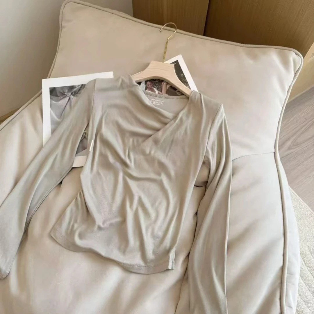 辣妹褶皱显瘦舒适T恤长袖2025早秋新款时尚休闲修身百搭上衣长袖