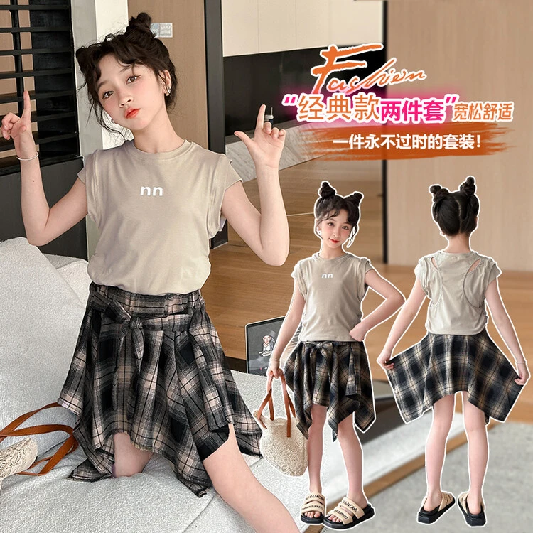2025新款韩版女童夏季潮流休闲舒适短袖裤裙两件套T恤半袖上衣