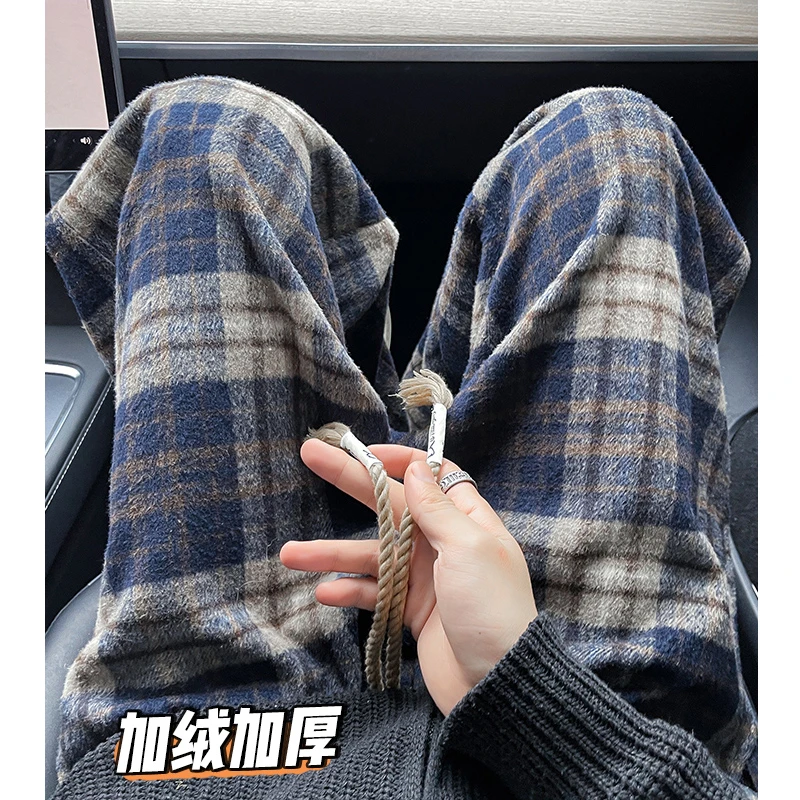 毛呢格子裤男秋冬加绒加厚宽松直筒休闲长裤潮牌美式青少年阔腿裤