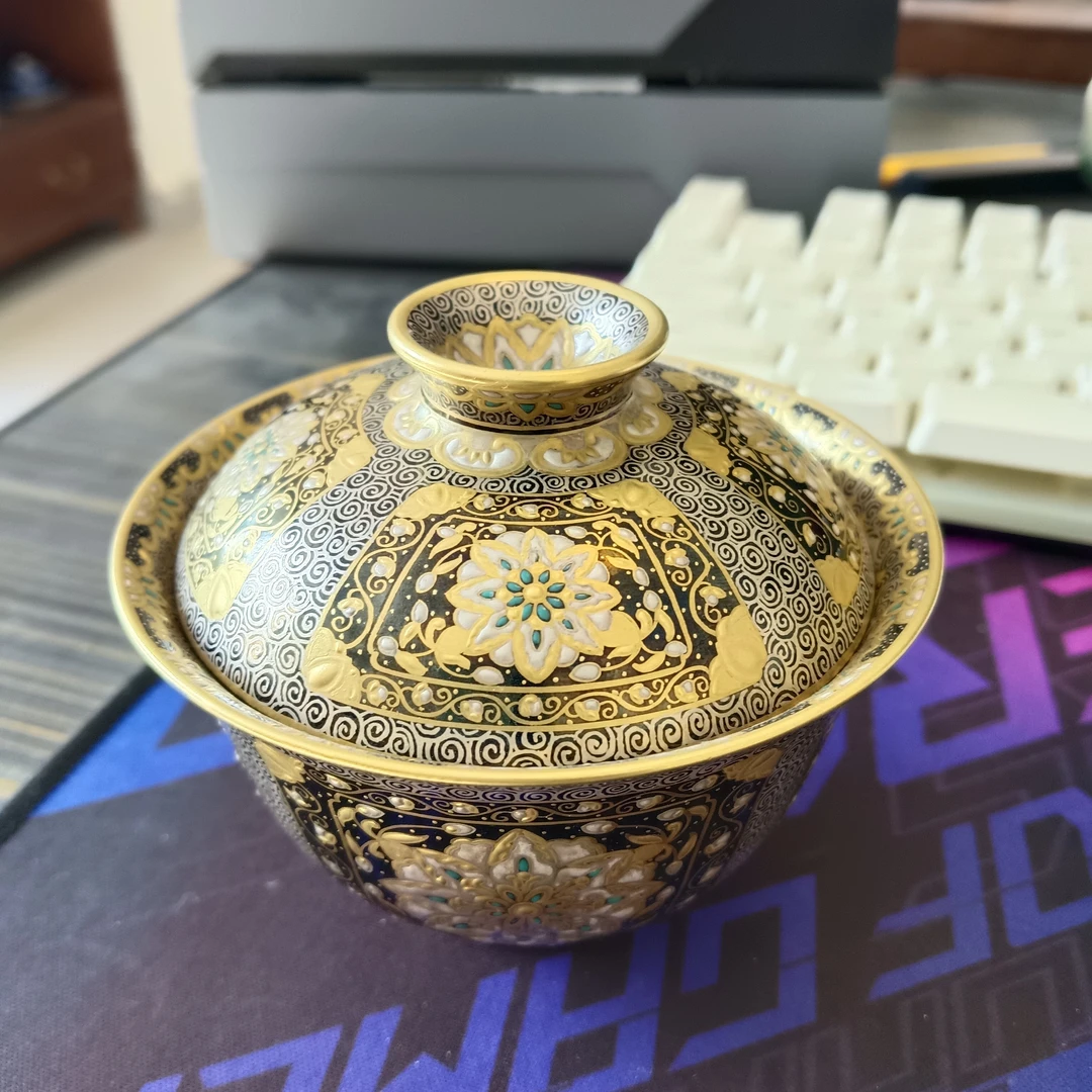 珐琅彩错金银陶瓷撇口杯茶具