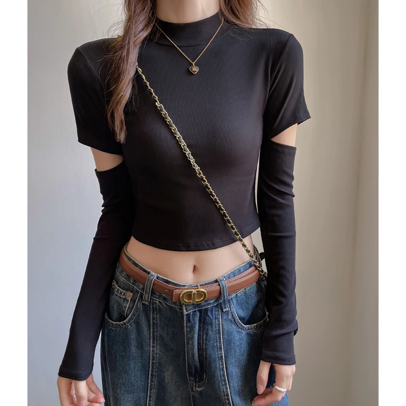 镂空正肩潮流割破长袖t恤女早秋设计感女装2025网红内搭打底衫