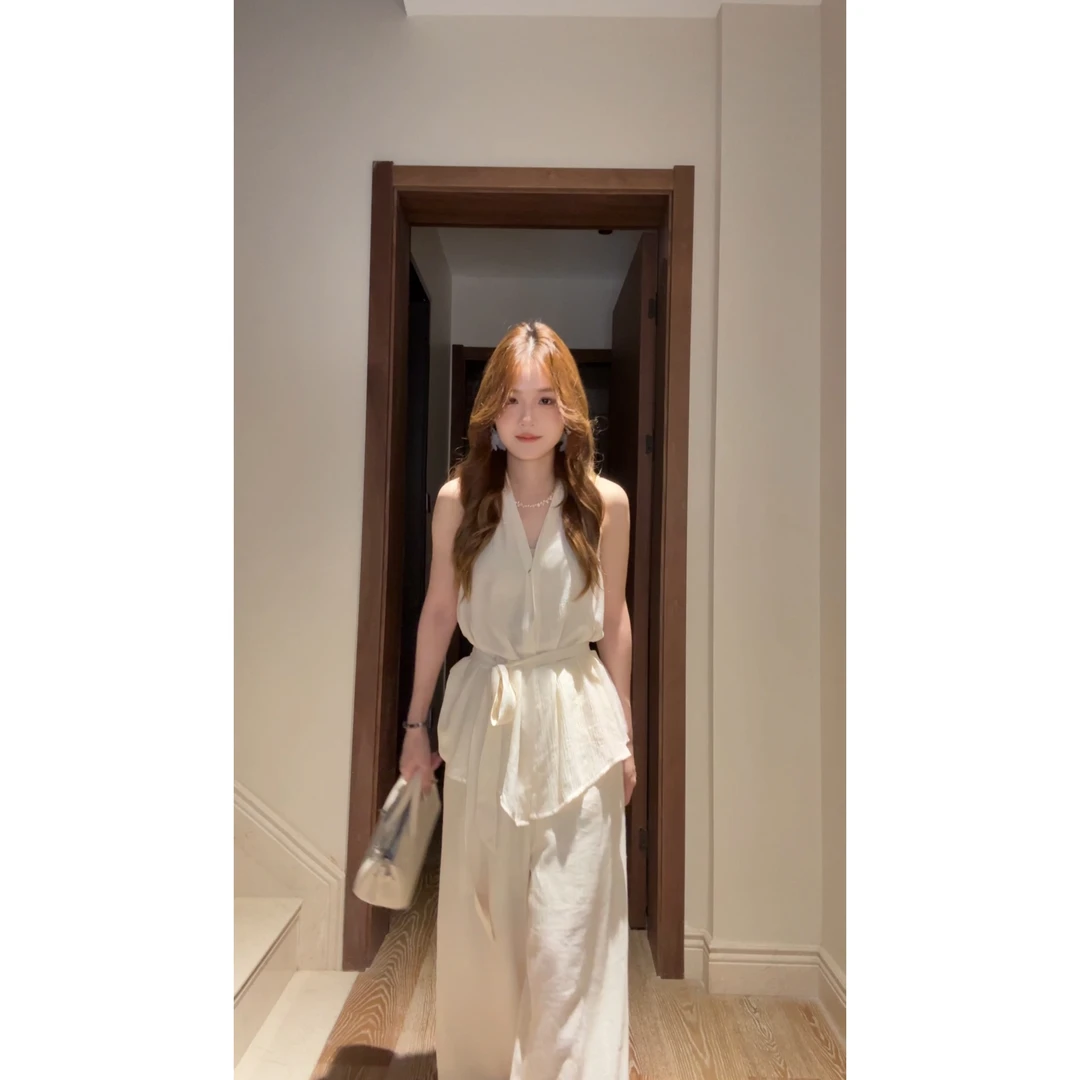 蝴蝶结系带V领背心女夏季高腰休闲裤长裤两件套