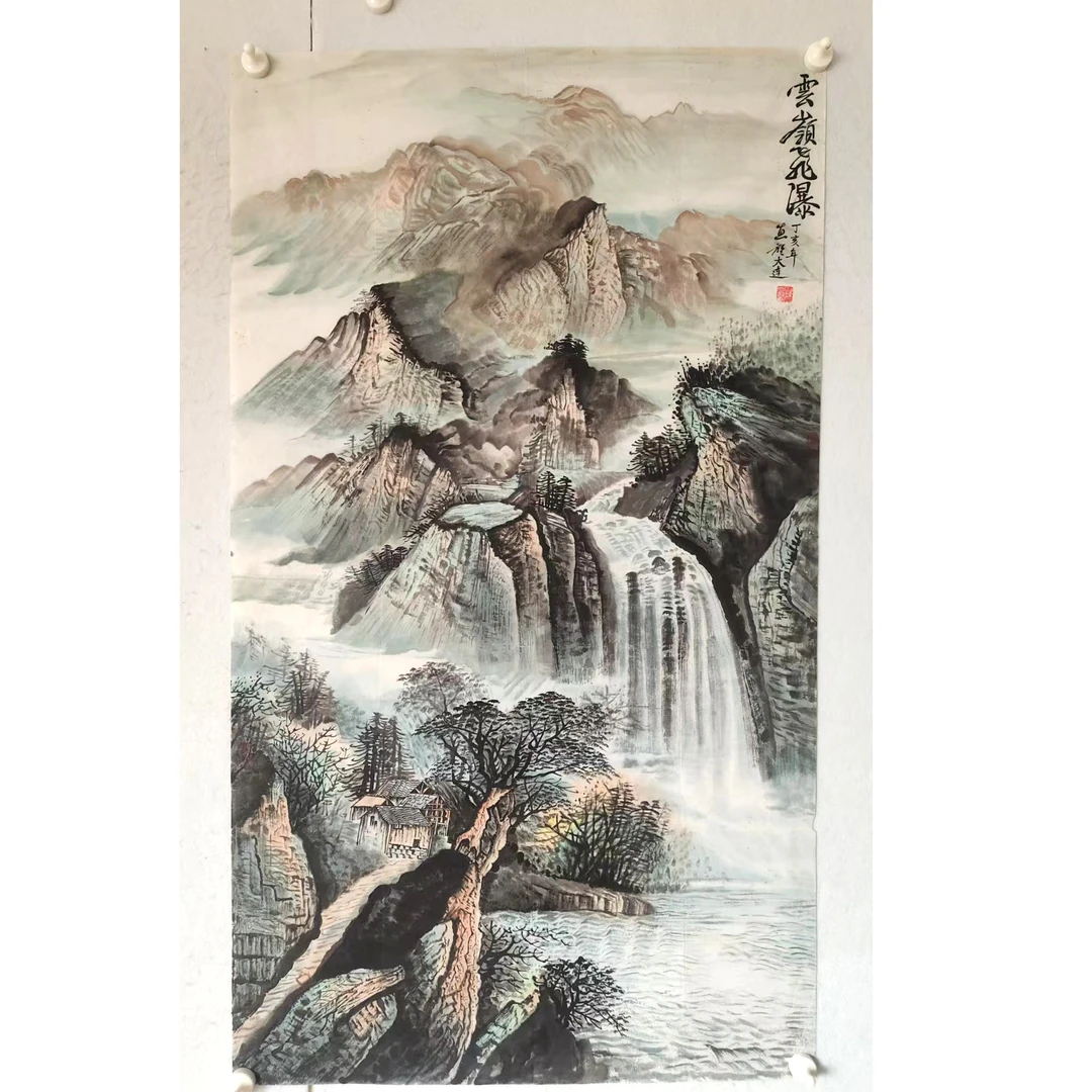 4204 纯手绘老字画《云岭飞瀑》中堂  尺寸 117×66