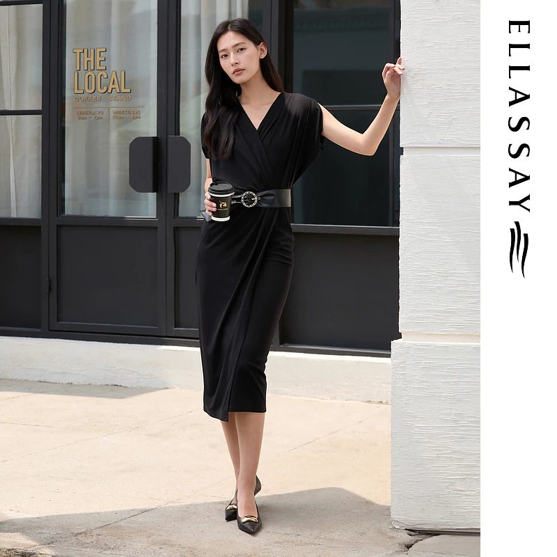 ELLASSAY歌力思2025早秋新款针织法式V领连衣裙女EWE363Y01200