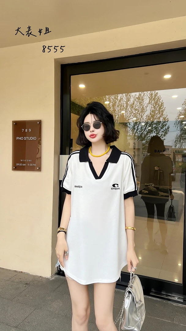 8555撞色刺绣Polo翻领短袖t恤女2025夏季新款时尚洋气减龄上衣服