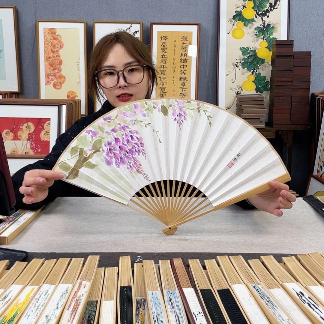 国画95寸玉竹-纯手绘-文玩扇骨（默认粘好）