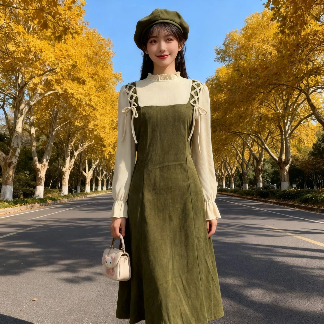 2025秋冬新款百搭法式复古长袖毛呢修身连衣裙女装绿色裙子D4027