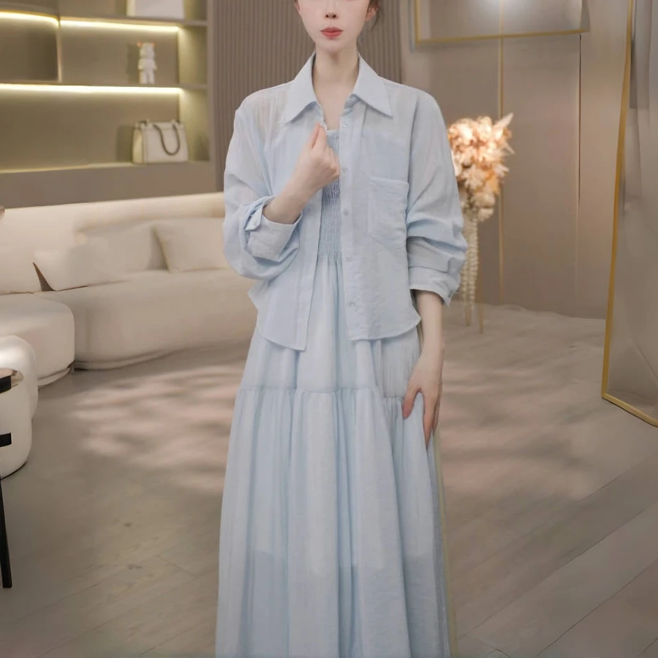 夏季新款时尚显瘦大码女装套装2025夏小个子衬衫+连衣裙两件套女