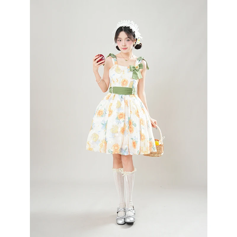 2025年夏季新款淬火向日葵花苞裙气质甜美收腰蝴蝶结明媚连衣裙