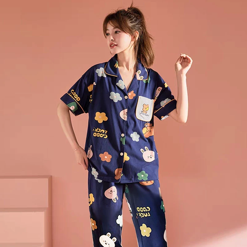 夏季新款韩版卡通睡衣女深蓝花朵熊开衫短袖套装家居服休闲可外穿