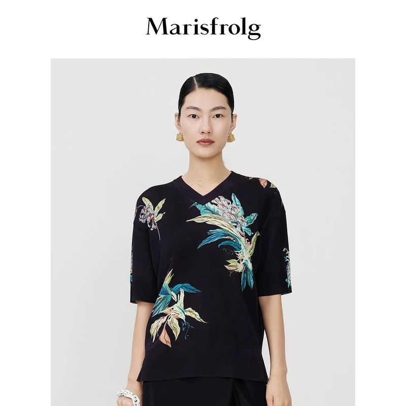 Marisfrolg玛丝菲尔上衣时尚夏季印花v领通勤轻奢针织衫A1DE2864M
