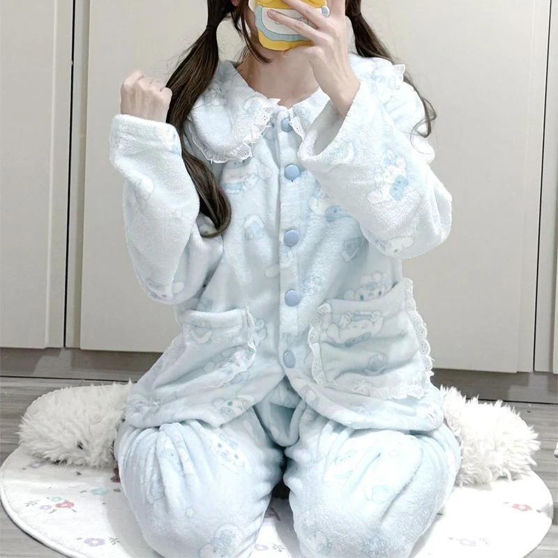 蓝色玉桂狗娃娃领睡衣女秋冬季加厚法兰绒套装学生可爱外穿家居服