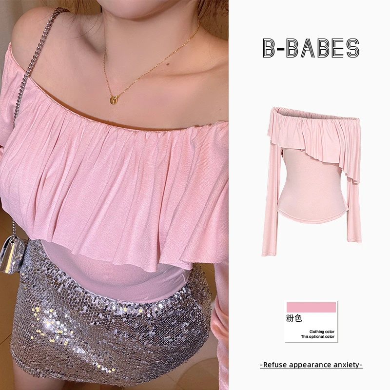 B-babes【桃子汽水】不规则长袖t恤女气质纯欲风辣妹性感露肩上衣