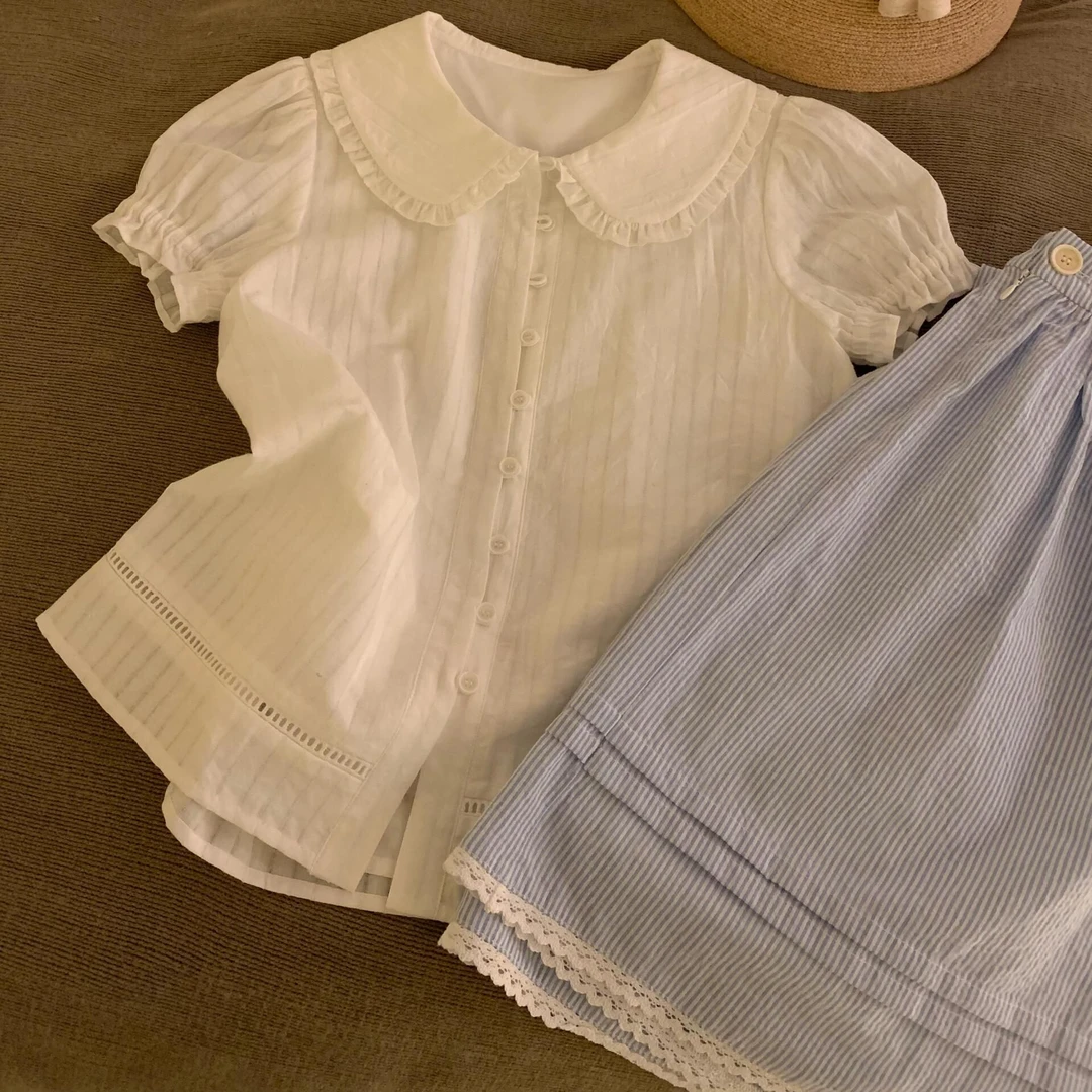 2025春季新款甜美减龄少女分风花边娃娃领衬衫高腰条纹半身裙套装