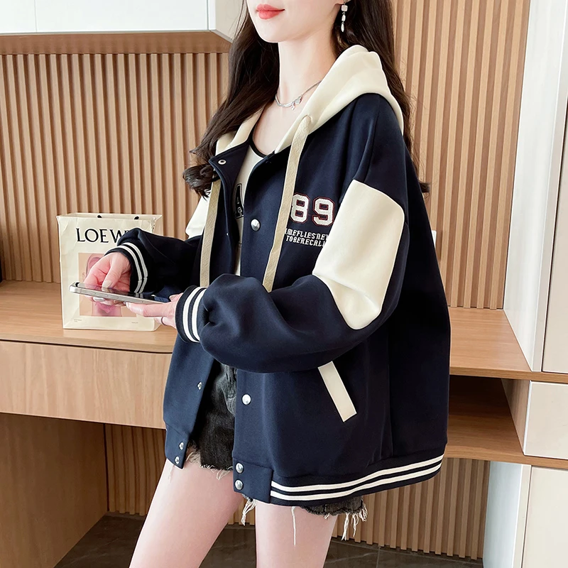 松弛感慵懒风宽松棒球服外套女开春秋新爆薄款初高中学生卫衣帽衫