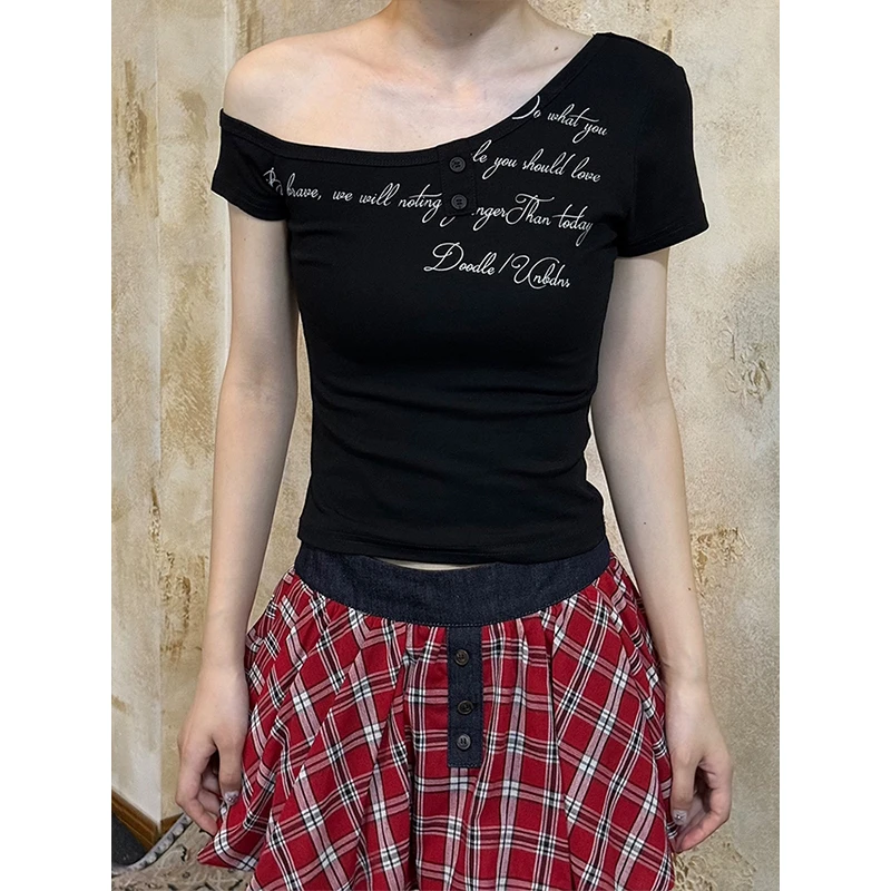 MosesQueen/魔西女王美式辣妹斜肩短袖t恤字母印花黑色露肩上衣
