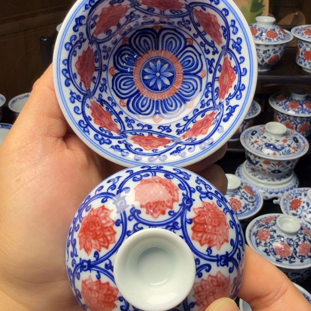 青花釉里红满绘盖碗100ml