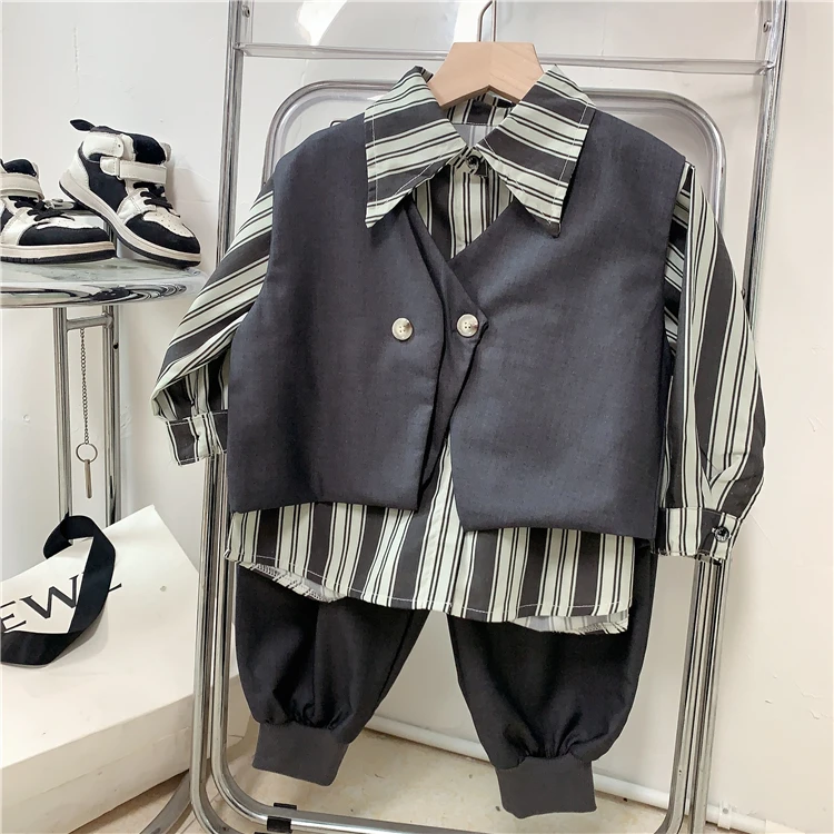 男童西装马甲套装儿童春秋款条纹衬衫马甲西装裤三件套潮帅时髦春