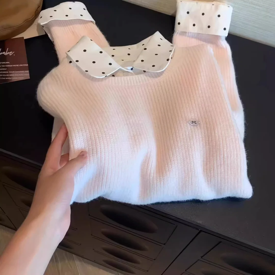 韩系学院风波点针织毛衣女春秋新款假两件套装设计感慵懒甜美上衣