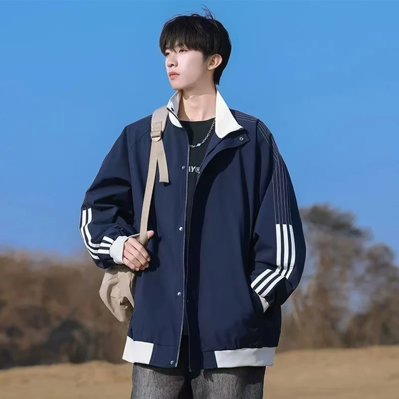 情侣三道杠春秋季飞行夹克潮流百搭宽松立领男女同款休闲撞色外套