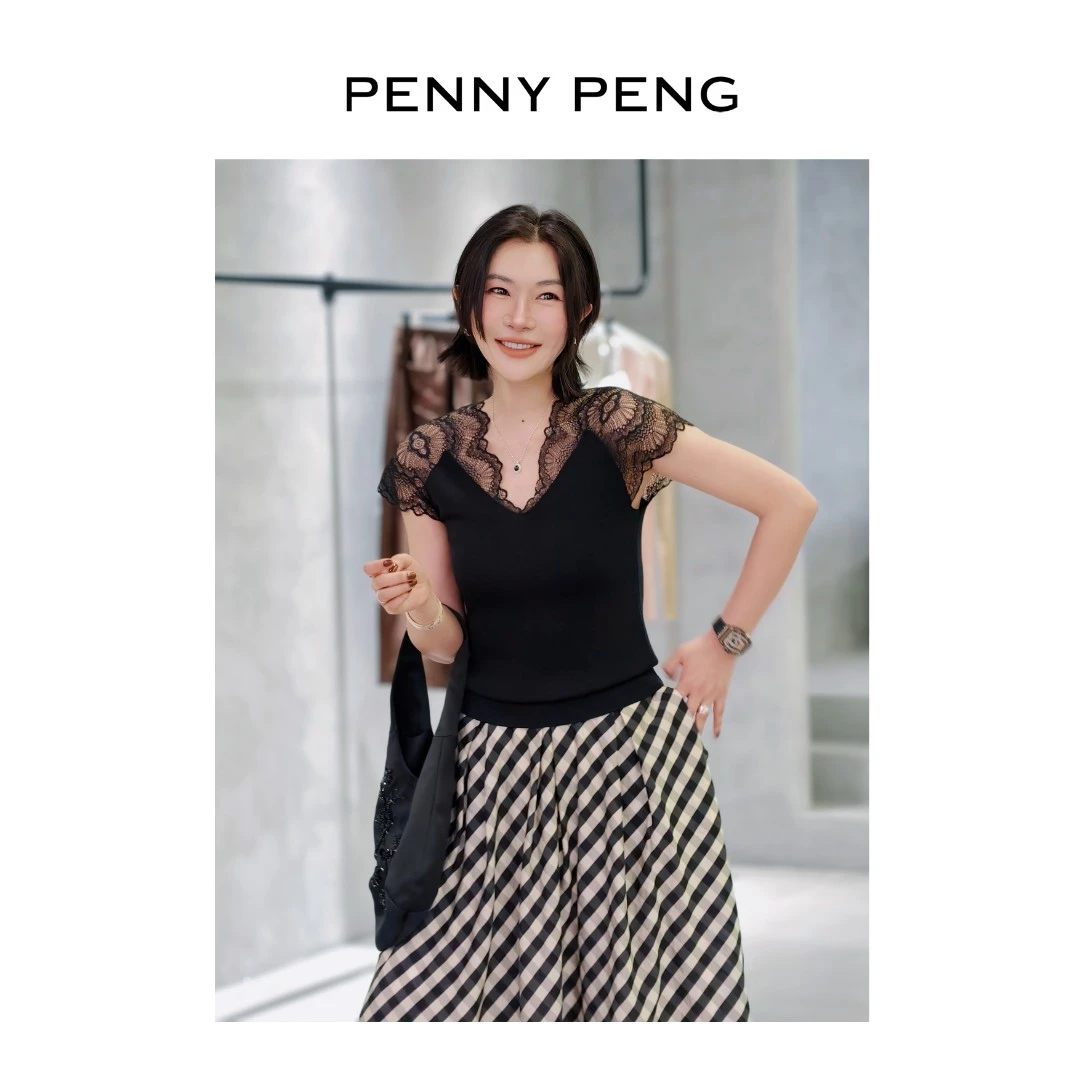 PENNYPENG浮想夏季新款黑色气质轻奢千金法式百搭V领蕾丝拼接上衣