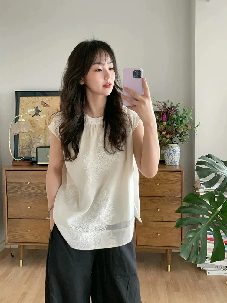 （莱赛尔）国风新中式圆领刺绣无袖衬衫夏季优雅气质百搭显瘦上衣