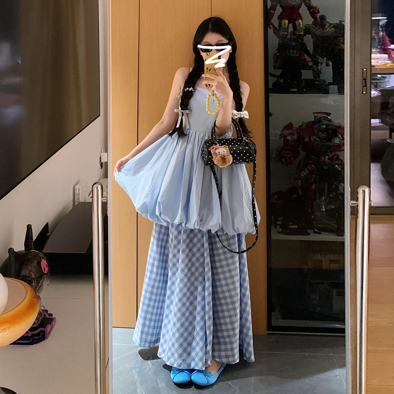 2025新款蓝色花苞吊带连衣裙子女夏季小个子韩系穿搭套装格子长裙