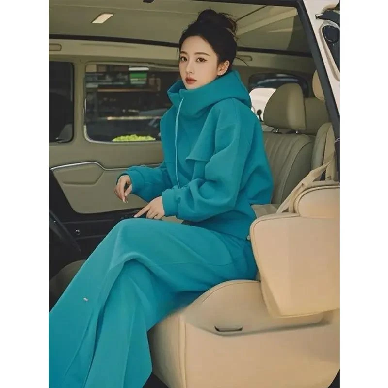 2024年冬季穿搭一整套高级感慵懒风蓝色卫衣抽绳外套休闲裤两件套