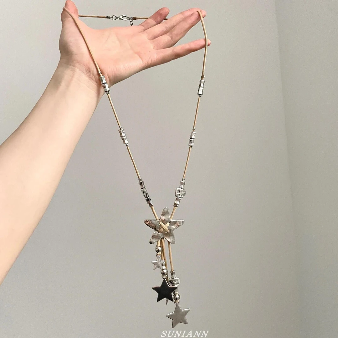 合金布艺项链 覆古做旧星星流苏长版项炼女波西米亚小众个性毛衣