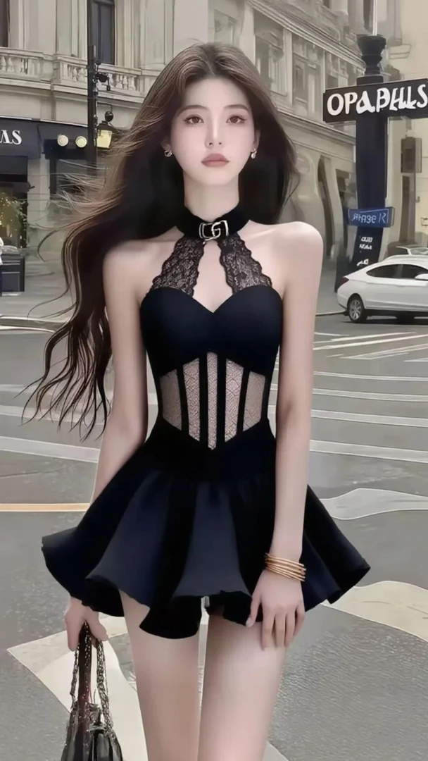 夏季新款法式小黑裙性感辣妹风黑色桃心领挂脖修身收腰蕾丝连衣裙