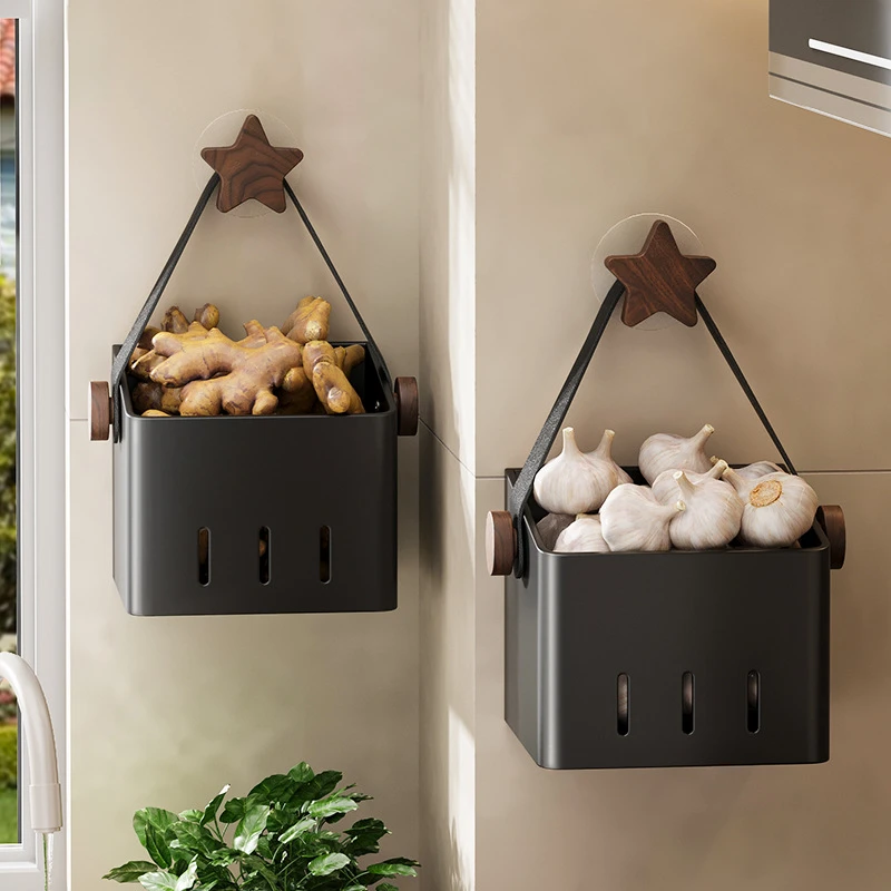 胡桃木厨房葱姜蒜收纳盒蔬菜篮置物架壁挂免打孔生姜大蒜收纳神器