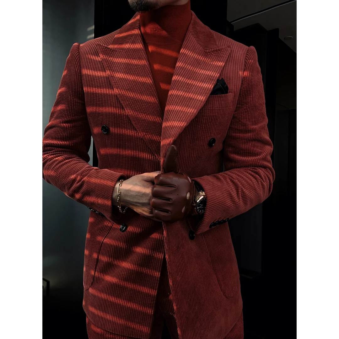 DRUNKCORNER 双排枪驳领落霞橙灯芯绒西服单西