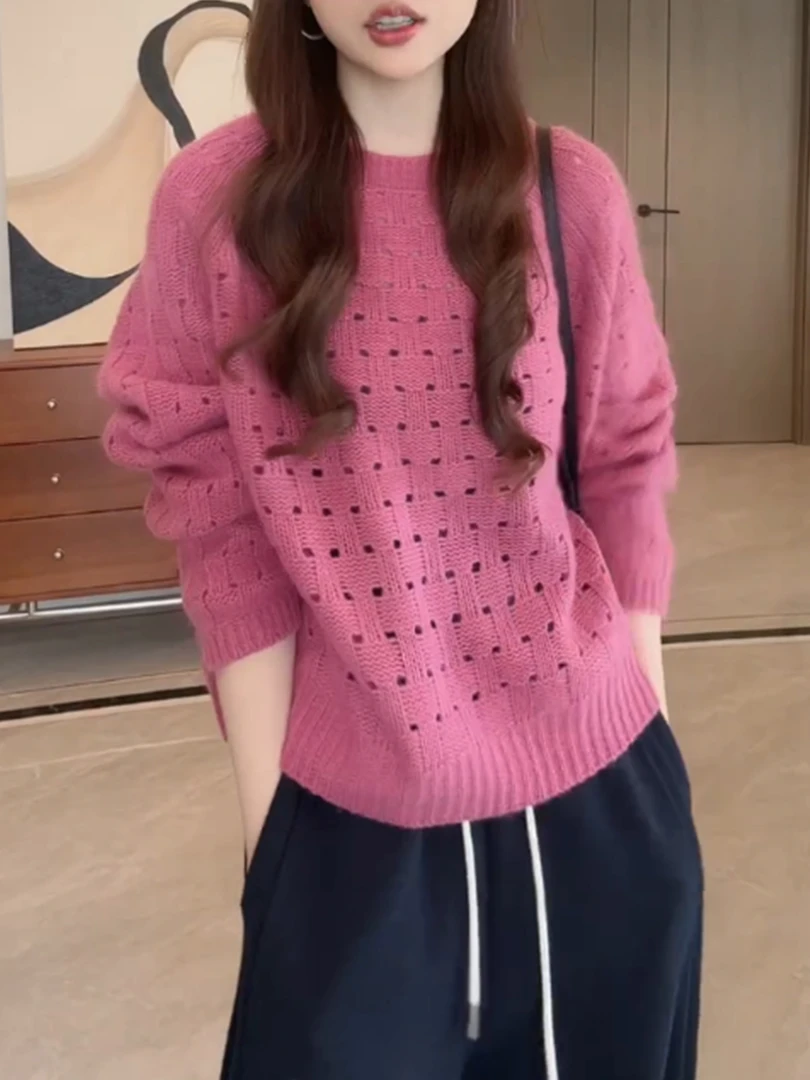 轻熟风镂空粉色针织上衣女装秋冬季2025新款松弛感慵懒减龄毛衣