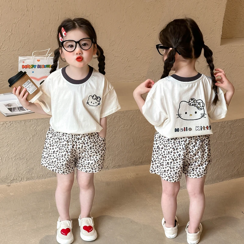 女童短袖2025夏季新款儿童洋气女宝宝kitty卡通印花上衣豹纹短裤.