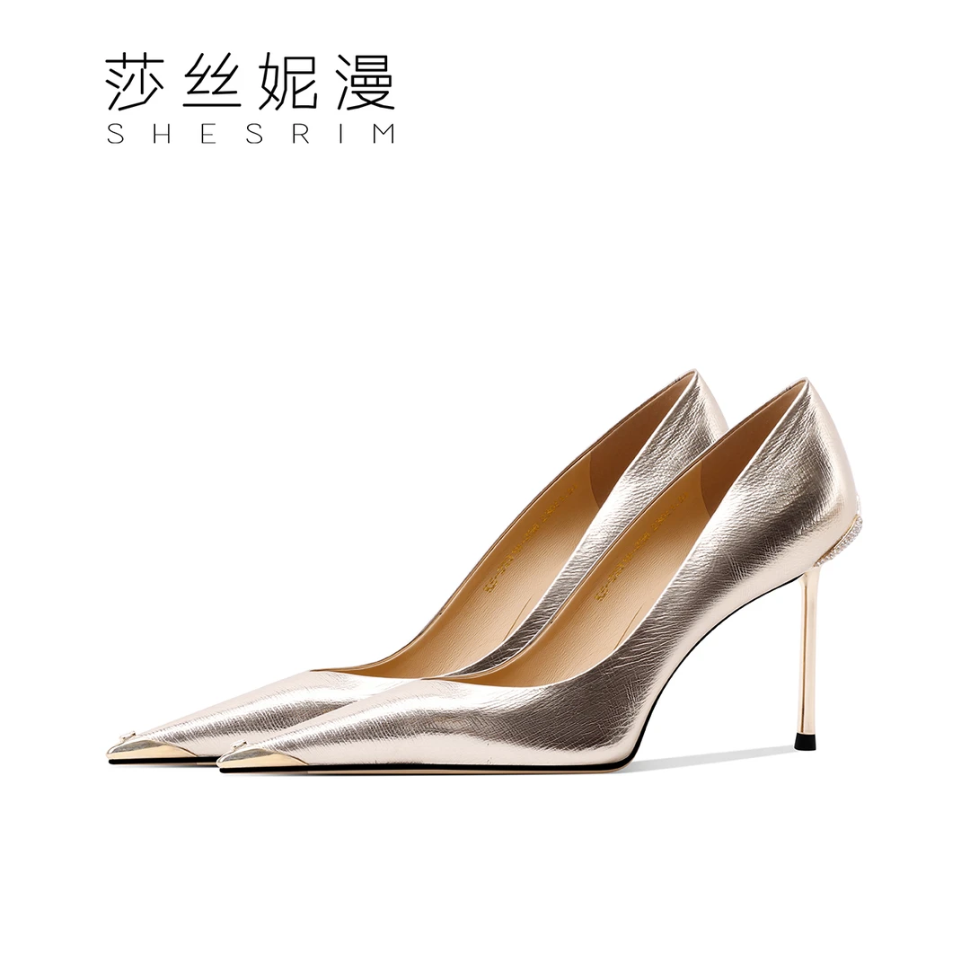 2025年春季上新款尖头金色细跟单鞋简约时尚百搭浅口真皮女鞋