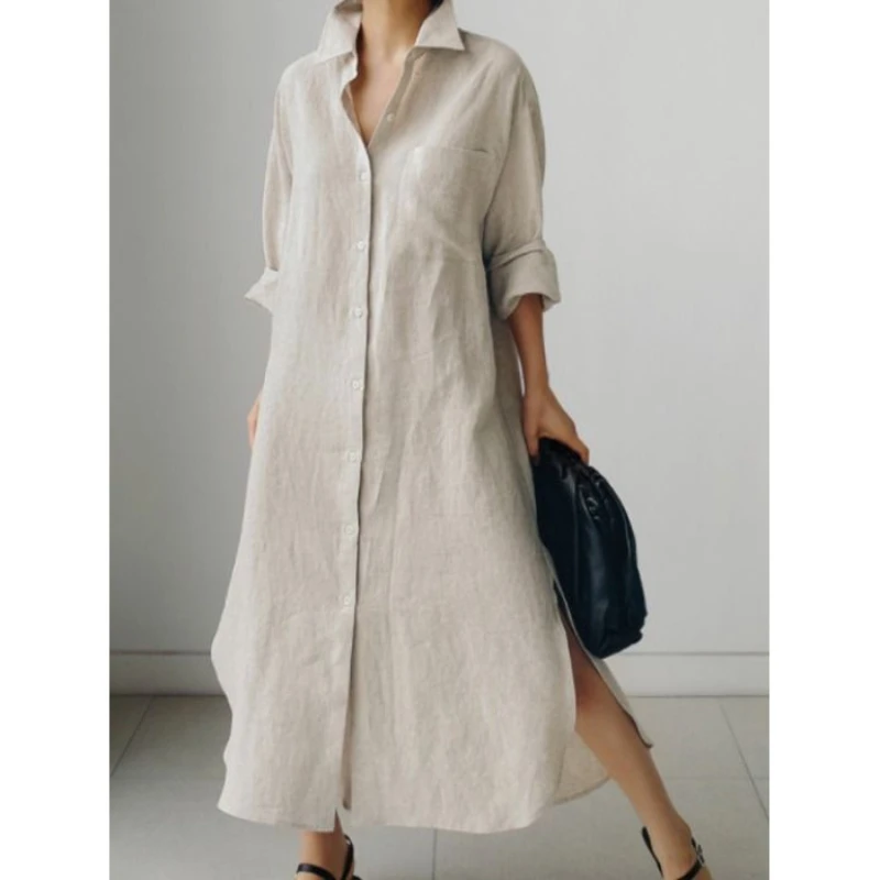 被惊艳到了！巨好看！文艺连衣裙女宽松休闲显瘦慵懒风气质翻领裙子