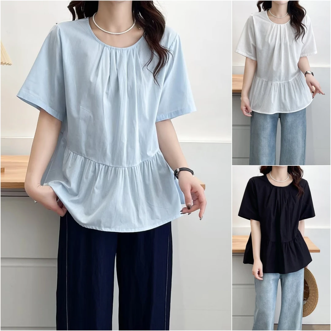 夏季简约时尚遮肚子微胖mm宽松大板型大码女装套头衬衫娃娃衫上衣