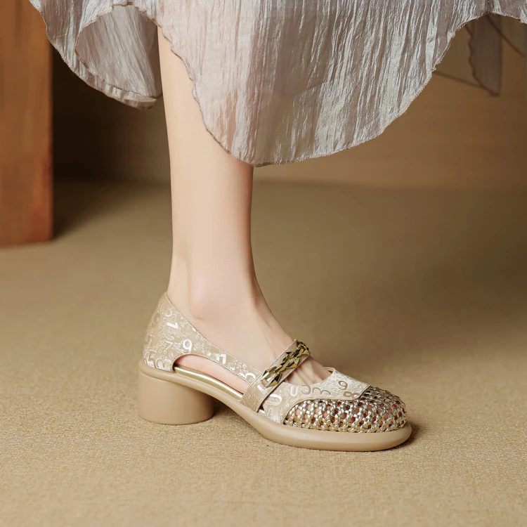 牛皮+编织5cm新中式国风镂空厚底单鞋洞洞凉鞋一字带中跟粗跟浅口
