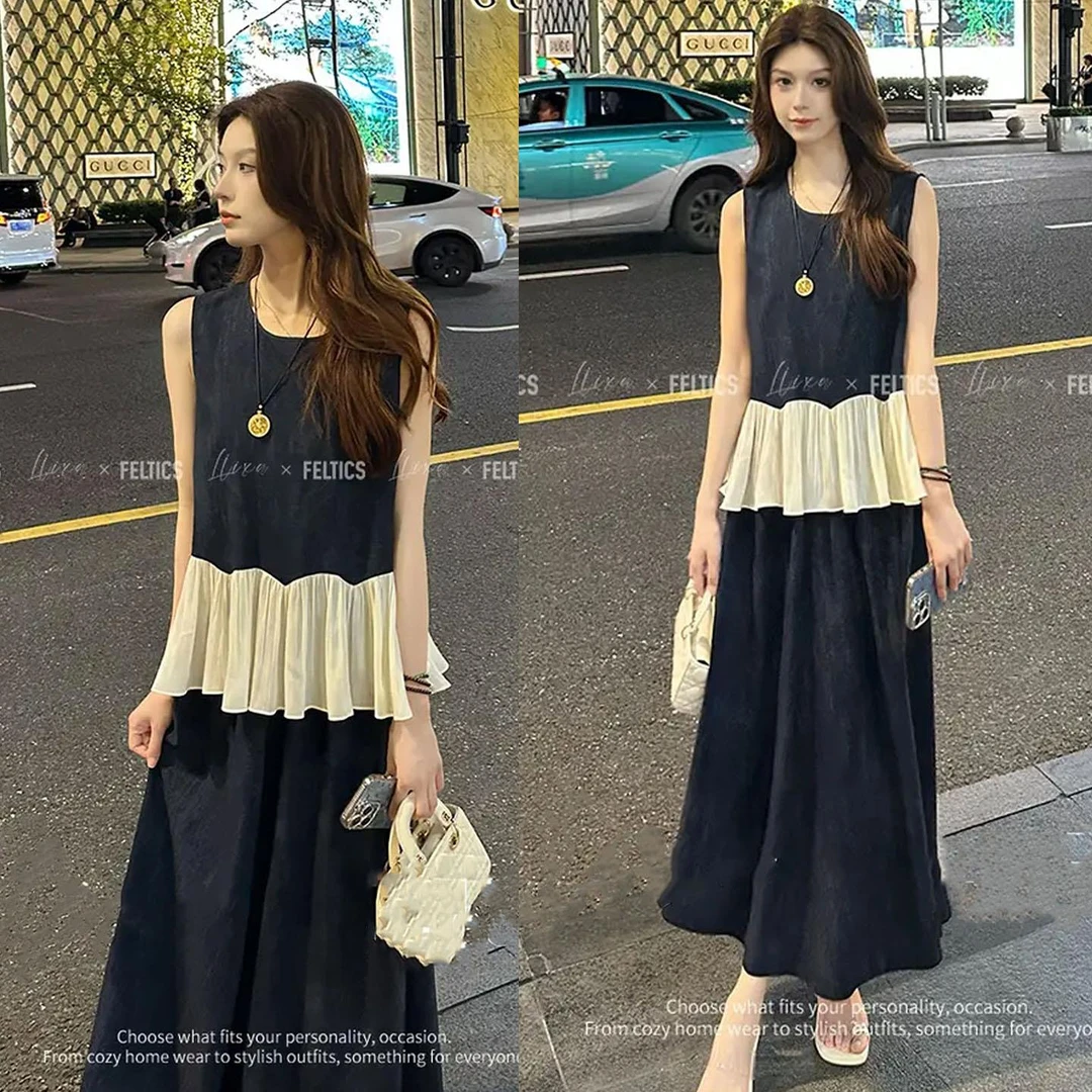 时尚套装裙女夏2025新款无袖拼接洋气上衣搭半身裙免搭时髦两件套