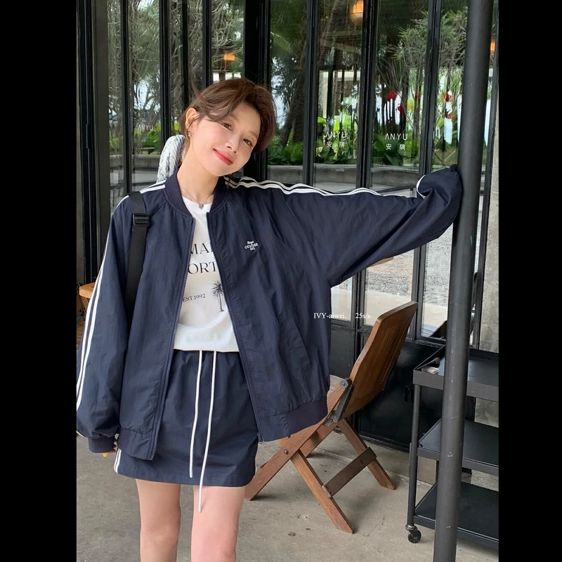 2025早秋新款时尚套装长袖蓝色休闲外套上衣高腰短裙两件套女