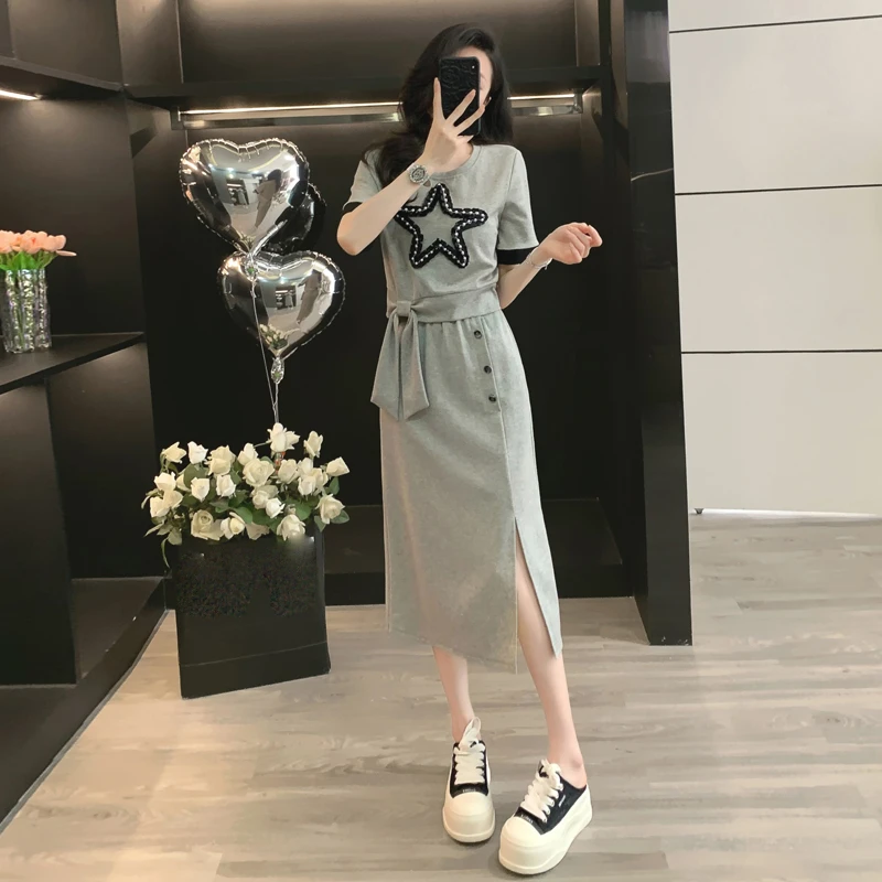 时尚休闲套装裙女夏2025季新款气质显瘦灰色短袖开叉半身裙两件套