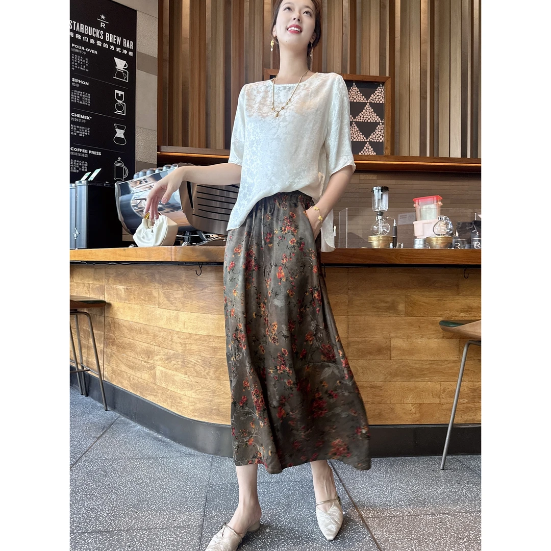 【深圳罗依】原创真丝半身裙女桑蚕丝香云纱花罗显瘦气质宽松半裙